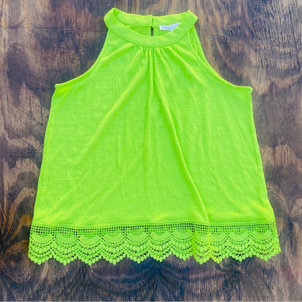 Neon Green Sleeveless Top with Lace Hem